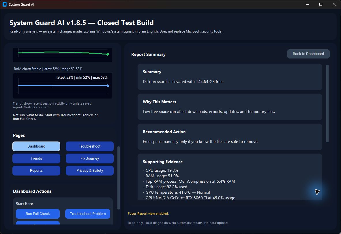 System Guard AI focus report explaining why an issue matters and what to do next