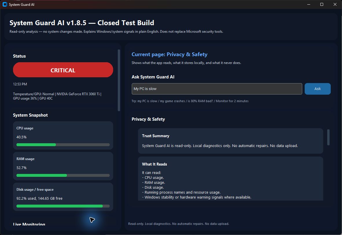 System Guard AI privacy and safety screen showing read-only local diagnostics